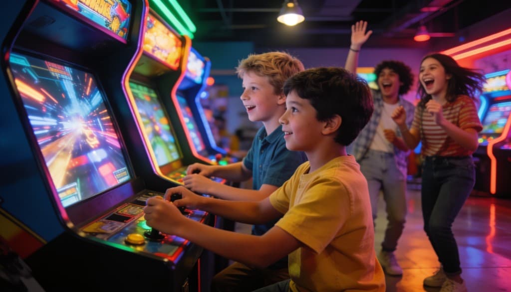 Niños jugando al arcade durante un cumpleaños