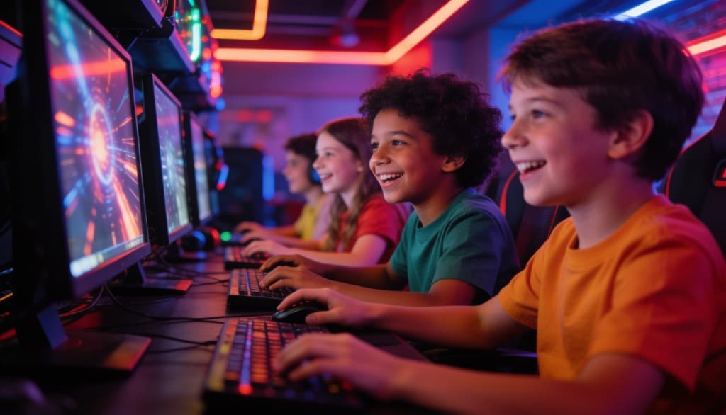 Grupo jugando en PC durante un cumpleaños