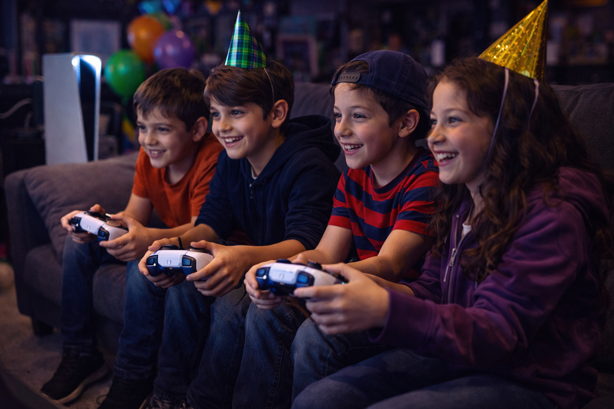 Grupo de niños celebrando en sala de juegos en Alcalá de Henares